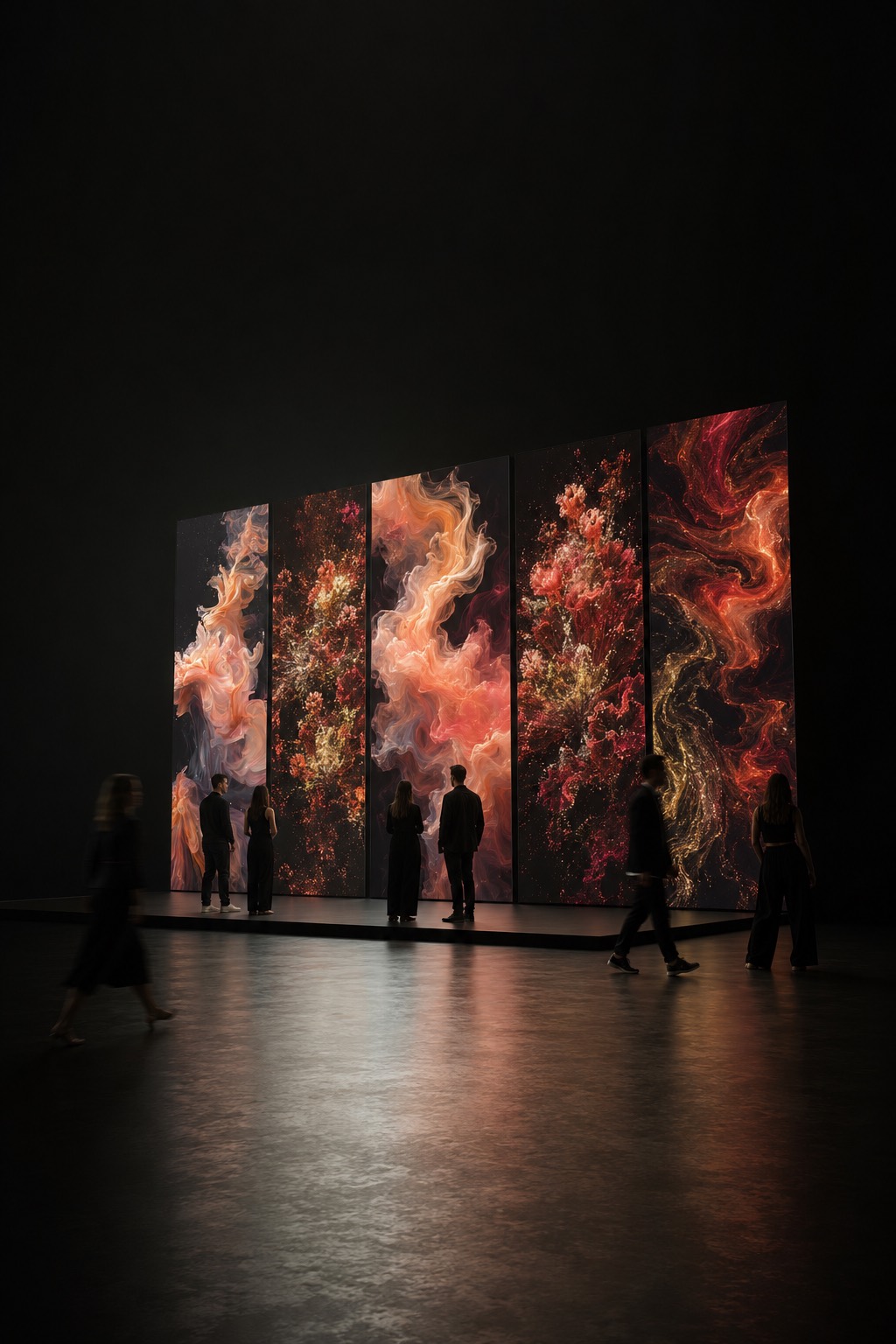 The full Westfield Brandspace visualiser system installed as a multi-panel canvas in a darkened gallery, with visitors gathered before the illuminated atmospheric pieces.