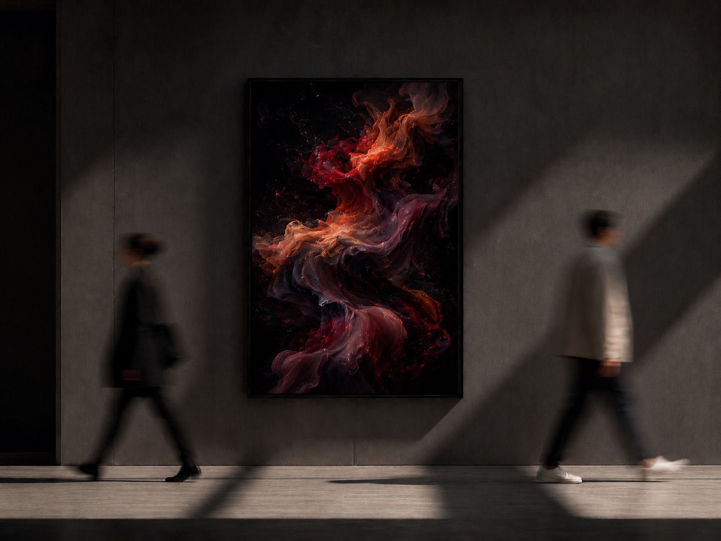 An ember and crimson atmospheric visualiser piece, framed and lit on a gallery wall as two visitors pass.