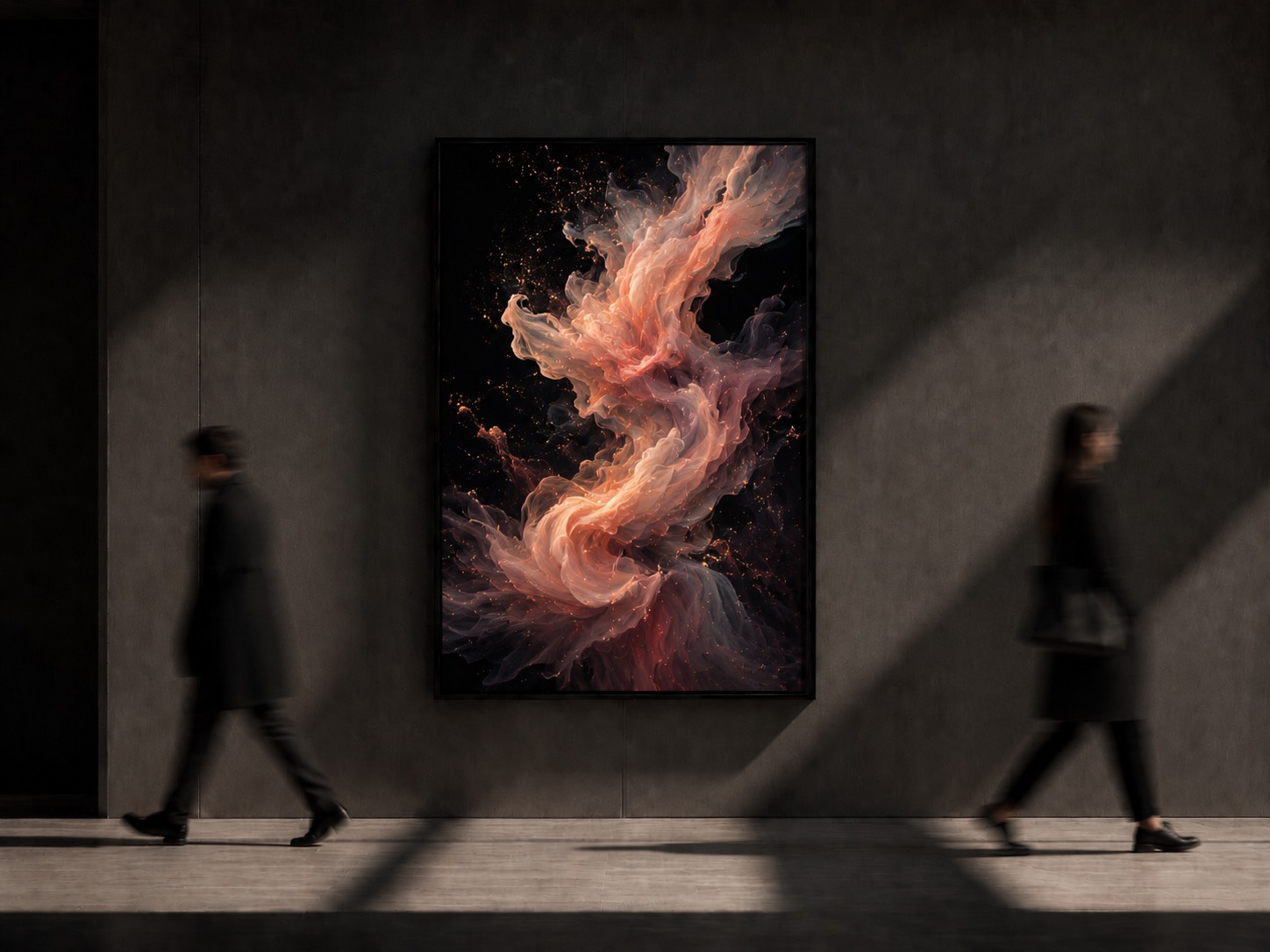 A pale peach and smoke atmospheric visualiser piece, framed and lit on a gallery wall.