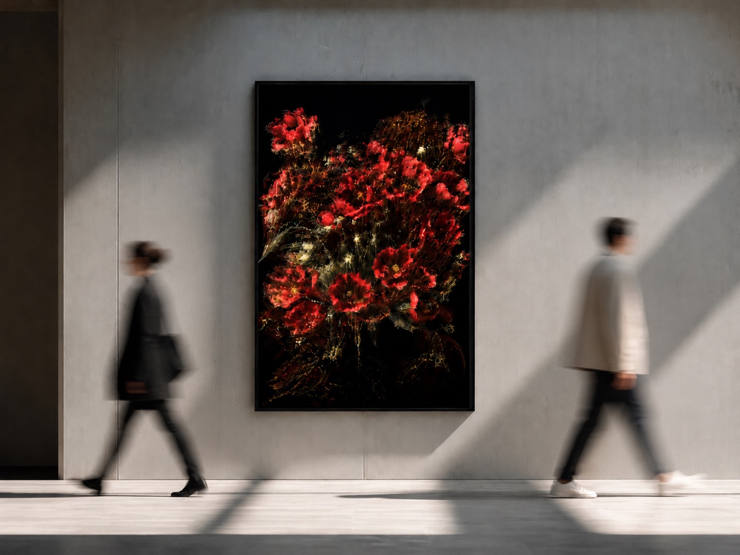 A scarlet bloom and ember atmospheric visualiser piece, framed and lit on a gallery wall.